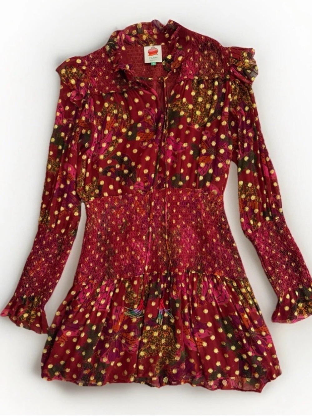 Farm Rio Banana Flowers Mini Dress Long Sleeve Ruffled Maroon Gold Size Medium